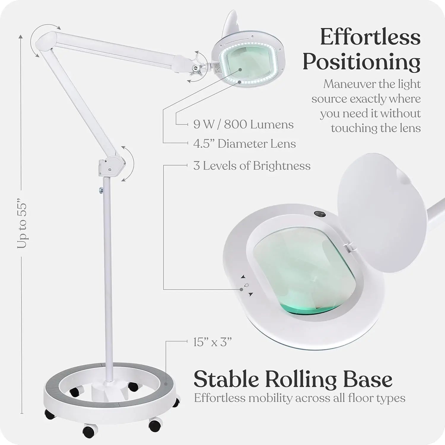Magnifying Floor Lamp with LED Light and 6-Wheels for Crafts, Reading, and Close Work